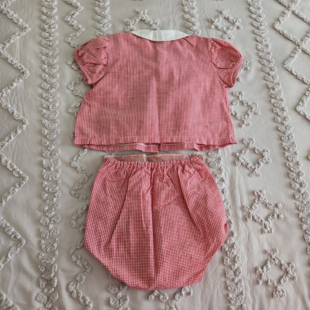 Vintage 70s Crib-Age Fashion 2 Pc Baby Outfit XL Red White Gingham Americana - Picture 3 of 11
